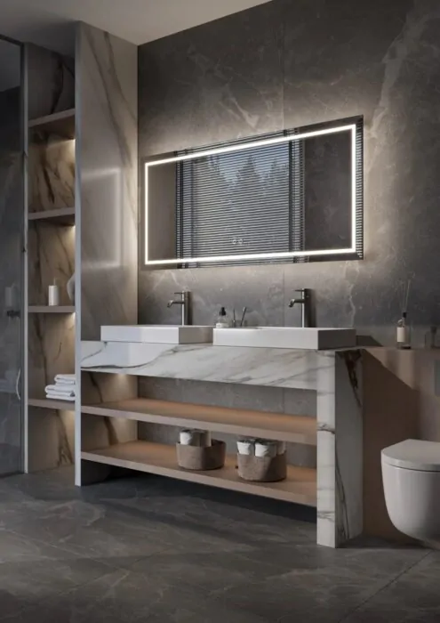 MÜNCHEN spiegel met strak en tijdloos design, LED-verlichting, touchdimmer en spiegelverwarming – verkrijgbaar in 800×700 mm, 1000×700 mm, 1200×700 mm, 1400×700 mm en 1600×700 mm. CE-gecertificeerd, snelle levering in 5 werkdagen, 2 jaar garantie. Perfect