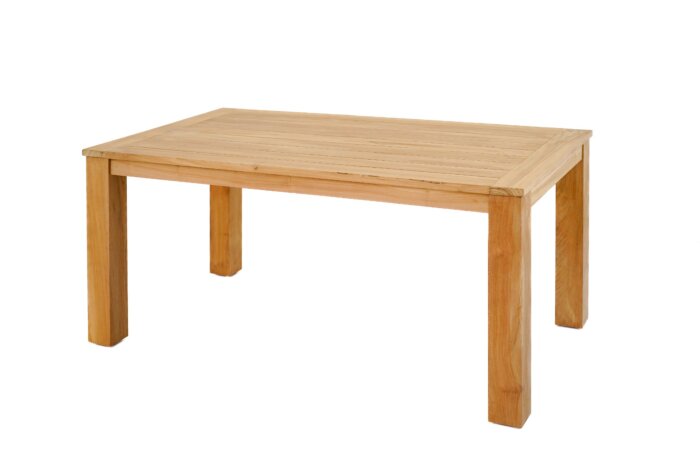 Stijlvolle Nelson teak tuintafel van 160x90 cm, vervaardigd uit duurzaam teakhout. Deze compacte tuintafel biedt een perfecte balans tussen elegantie en functionaliteit, ideaal voor kleinere tuinen of terrassen. Het tafelblad toont de natuurlijke houtnerf