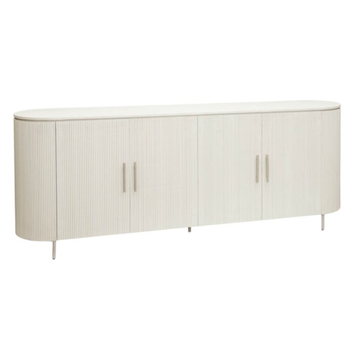 Corbetta dressoir 210 cm – massief mangohout in lichte stone finish met organisch afgeronde vormen, vier deurs kast op slanke metalen pootjes, stijlvolle Japandi uitstraling