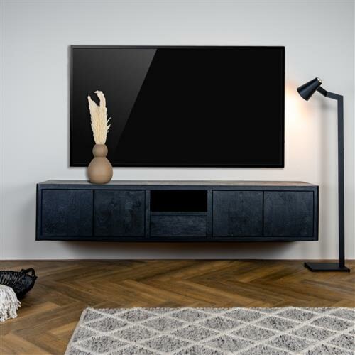 Zwart mangohouten Tenna TV-meubel van 200 cm met push-to-open lades en open vak