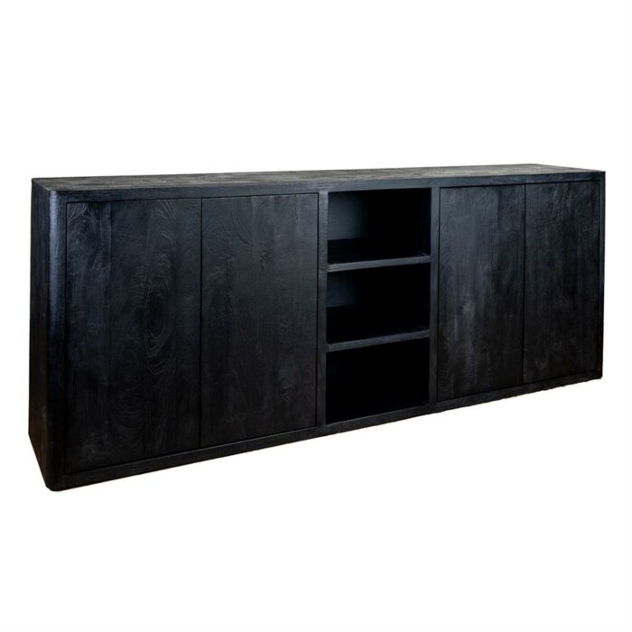 Zwart mangohouten dressoir van 220 cm met greeploze push-to-open deuren, zwart gelakt