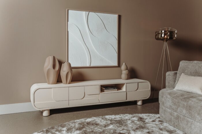 Alviano TV-meubel 180x40x45 cm Japandi stijl, afmetingen  gemaakt van MDF, met asymmetrisch en elegant design.