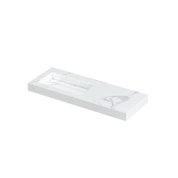 PITCH Wastafel met enkele bak in keramische slab met schuinaflopende wasbak en drain in de kleur van de wastafel. Incl. open rooster plug in chroom en zuignap voor uitname drain 100 x 45 x 9 wasbak links