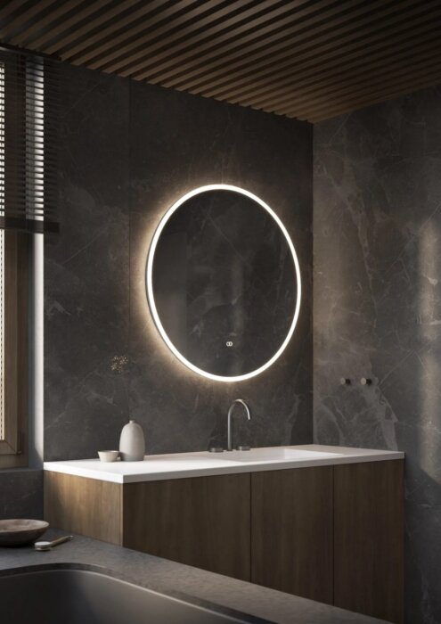 PORTO ronde spiegel met ingebouwde LED-verlichting, touchdimmer en spiegelverwarming – verkrijgbaar in Ø600 mm, Ø800 mm, Ø1000 mm en Ø1200 mm. Modern design voor badkamer en woonkamer, met warm/koud lichtwissel en CE-keurmerk. Nu uit voorraad leverbaar.