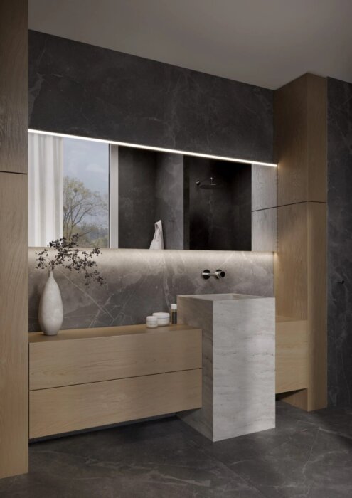 De PRAAG spiegel – moderne designspiegel met 45° profiel, dimbare LED-verlichting, geïntegreerde sensor en spiegelverwarming. Stijlvol, condensvrij en perfect voor elke ruimte. CE-gecertificeerd met 2 jaar garantie.