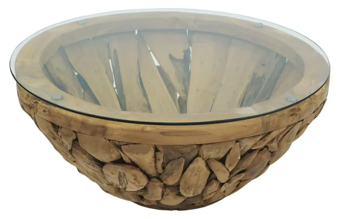 ROOT | Teak Wortel Salontafel met glas | Rond | 110x45 - DEV-ROOT-CT-BOWL-100-45