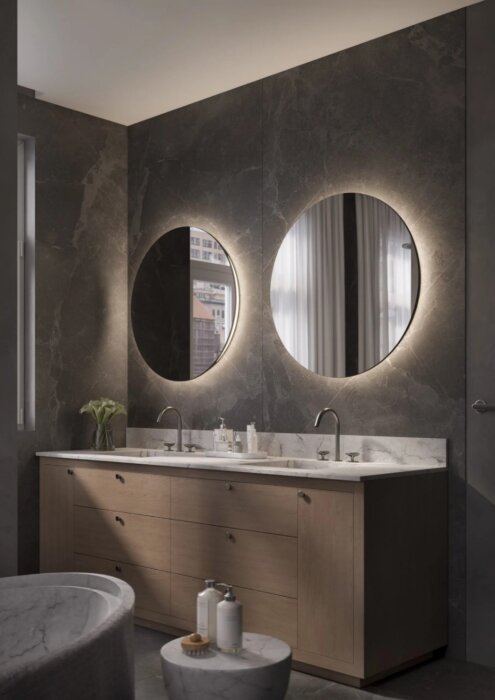 Luxe ronde spiegel ROTONDO met indirecte LED-verlichting, dimbare sensoren, spiegelverwarming en maatwerkopties tot 1200 mm – perfect voor moderne en klassieke interieurs.