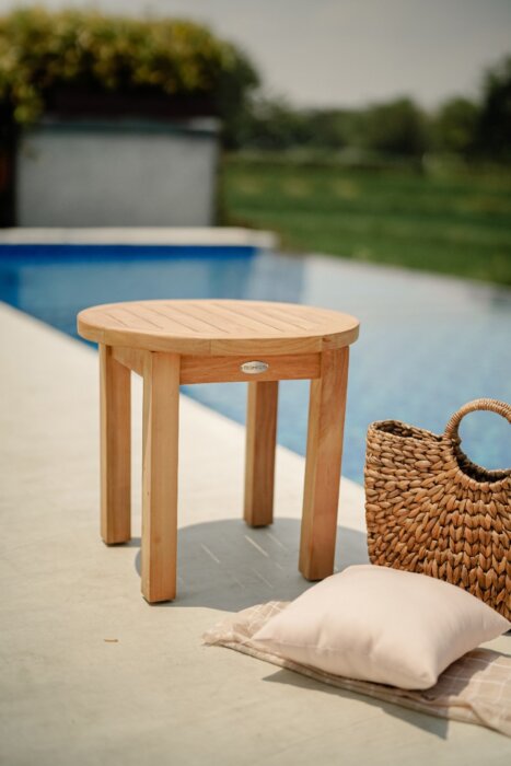 Ronde teakhouten tuin salontafel Ø50 cm met vaste poot – massief FLEGT-gecertificeerd hout, geschikt voor buiten.
