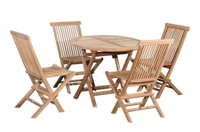 Vier inklapbare teakhouten tuinstoelen met een ronde teakhouten tuintafel 70 cm inklapbaar. 