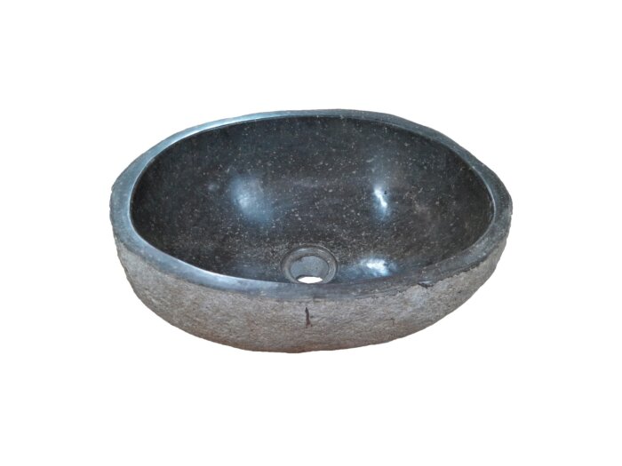 Natuurstenen waskom van riviersteen met een gepolijste binnenkant en ruwe buitenkant in grijstinten. Afmetingen: 38 × 30 × 15 cm. Uniek design, ideaal voor badkamers en toiletten