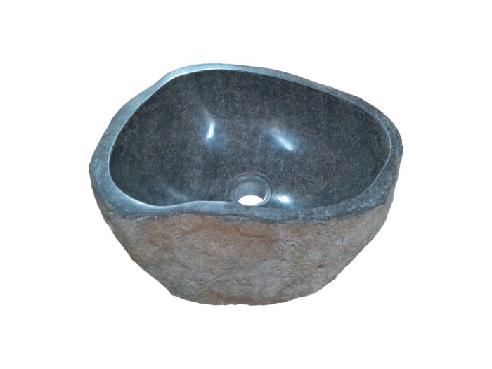 Natuurstenen waskom van riviersteen met een gepolijste binnenkant en ruwe buitenkant in grijstinten. Afmetingen: 35 × 28 × 15 cm. Uniek design, ideaal voor badkamers en toiletten.
