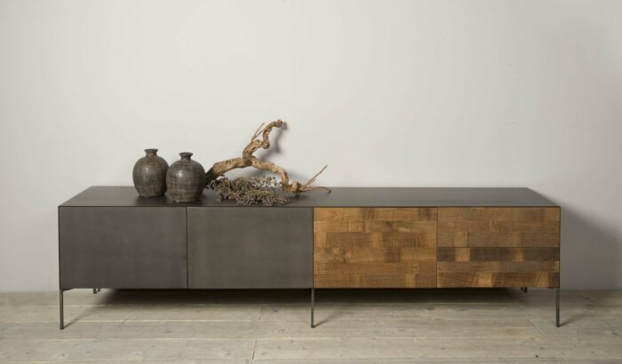 Pandora TV meubel Teak met Blauwstaal  | 220x45x55 - TWR-MX0014