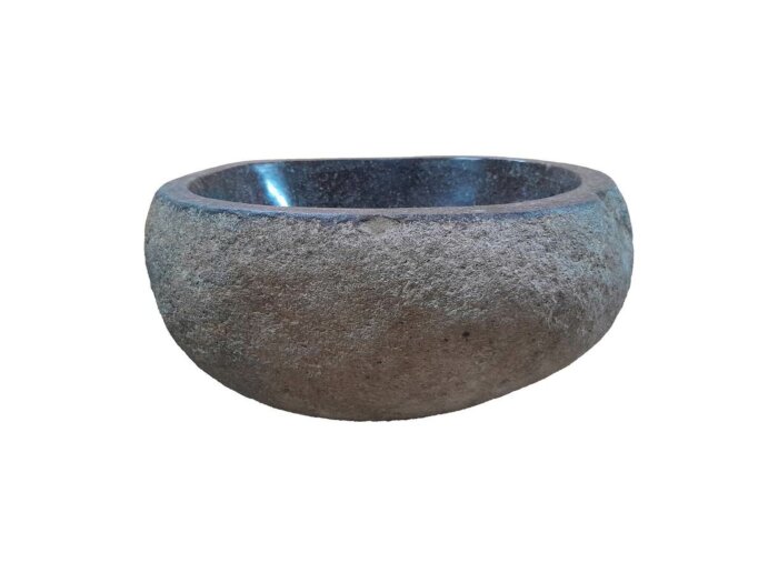 Unieke rivierstenen waskom, 31 x 30 x 15 cm, in natuurlijke grijstinten met een glad gepolijste binnenkant en ruwe buitenkant, brengt een mix van functionaliteit en natuurlijke schoonheid in uw badkamer.