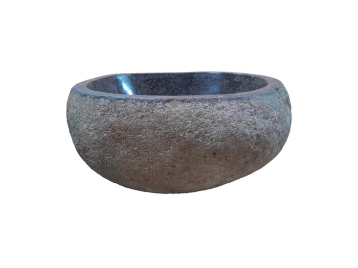 Natuurstenen waskom van riviersteen met een gepolijste binnenkant en ruwe buitenkant in grijstinten. Afmetingen: 31 × 29 × 15 cm. Uniek design, ideaal voor badkamers en toiletten.