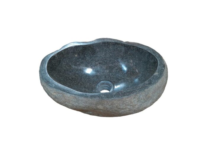 Unieke rivierstenen waskom, 37 x 27 x 15 cm, in natuurlijke grijstinten met een glad gepolijste binnenkant en ruwe buitenkant, verhoogt de functionaliteit en stijl in uw badkamer
