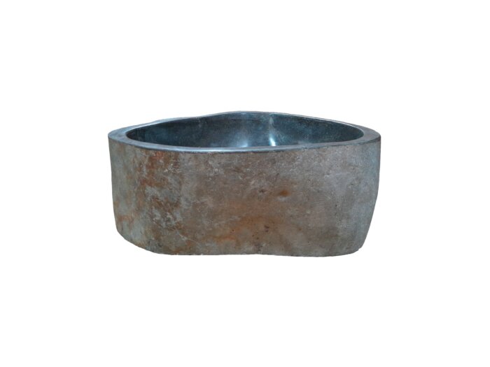 Natuurstenen waskom van riviersteen met een gepolijste binnenkant en ruwe buitenkant in grijstinten. Afmetingen: 36 × 32 × 15 cm. Uniek design, ideaal voor badkamers en toiletten.