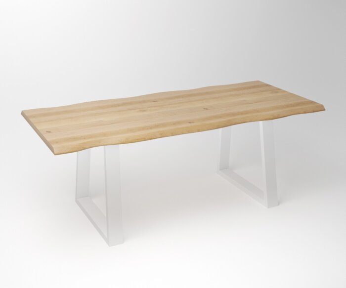 Eiken Boomstam Eettafel | Slab Edged-Trapezium Fineline Frame White