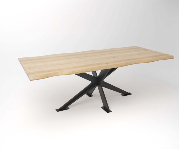 Eiken Eettafel met boomstam zijkanten en massief stalen tafelframe
