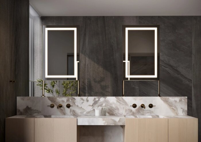 Moderne SYDNEY spiegel met indirecte LED-verlichting, maatwerkopties en strak ontwerp – verkrijgbaar in diverse afmetingen en kleuren, inclusief mat zwart. Ideaal voor een luxe en stijlvolle interieurupgrade.