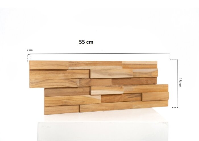 Teak plakhout wandpaneel in naturel tinten met 3D-profiel, afmeting 55×18×2 cm – geschikt voor binnenmontage met universele montagekit