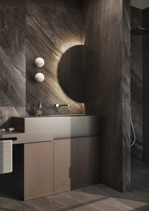 De SUN toiletspiegel met halfrond ontwerp en indirecte verlichting, 400×800 mm, perfect voor kleine badkamers of toiletten. Flexibel te bevestigen met zowel linker- als rechterplaatsing, CE-gecertificeerd en 2 jaar garantie.
