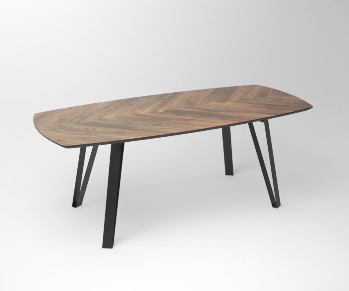 Noten eettafel en vissengraad motief en schuine tafelpoten