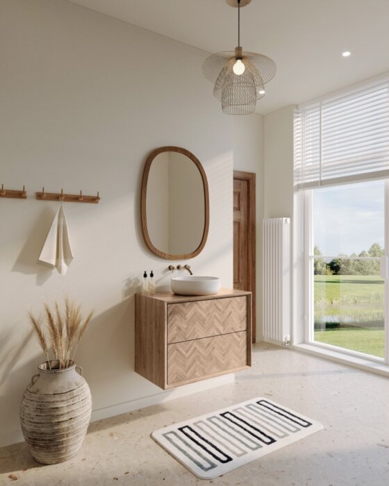 Eikenhouten badmeubel Waves met visgraatmotief ladenfronten, afgewerkt met hoogwaardige lak of olie, beschikbaar in diverse maten en kleuren, perfect voor maatwerk en bescherming tegen vocht in natte ruimtes.