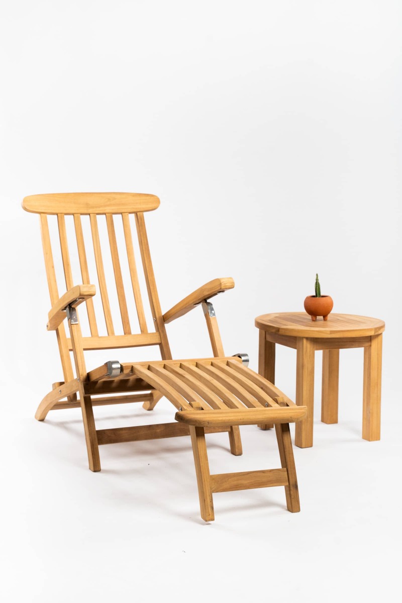 Teak Deckchair zonder wielen met Rond Bijzettafeltje - TK-DC-GW-RT - Hover