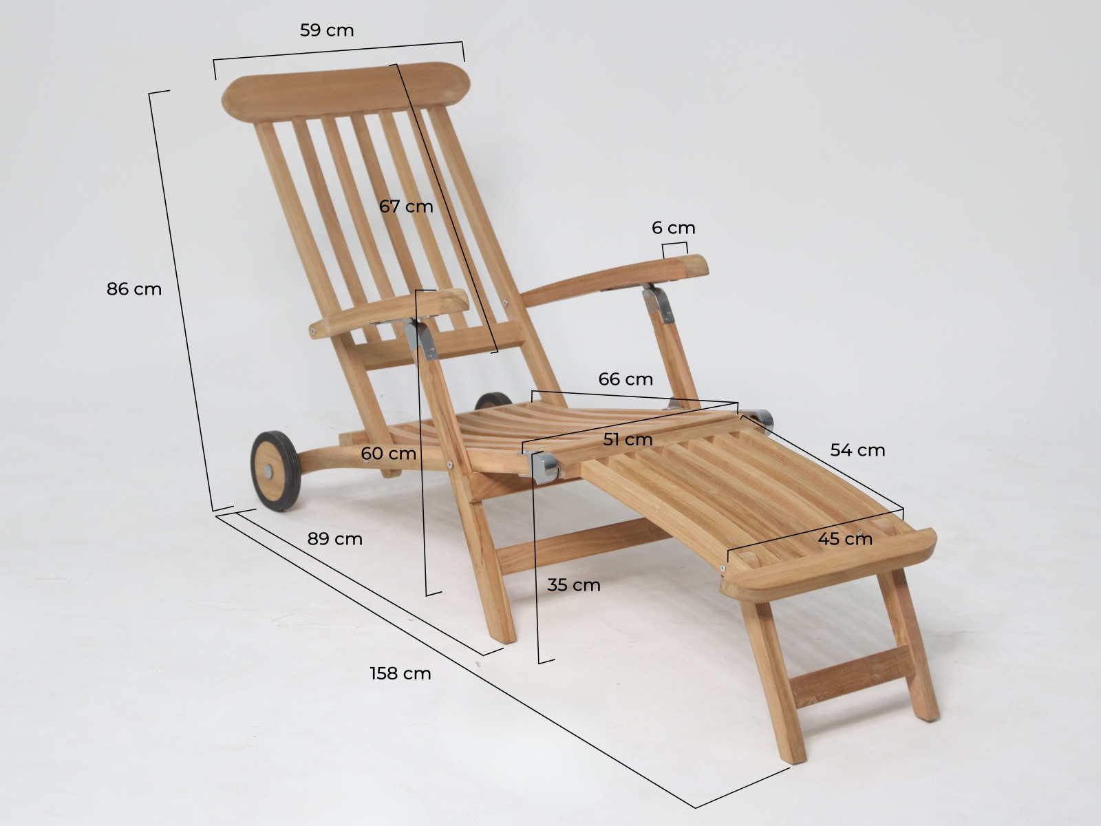 Teak ligbed deckchair met wielen 5 standen verstelbaar - Hover