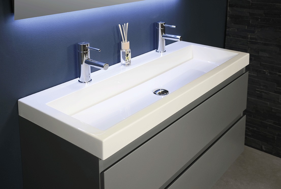 Ink Dock Wastafel Quartz met 2 kraangaten - Quartz zwart - 120x40 cm - Hover