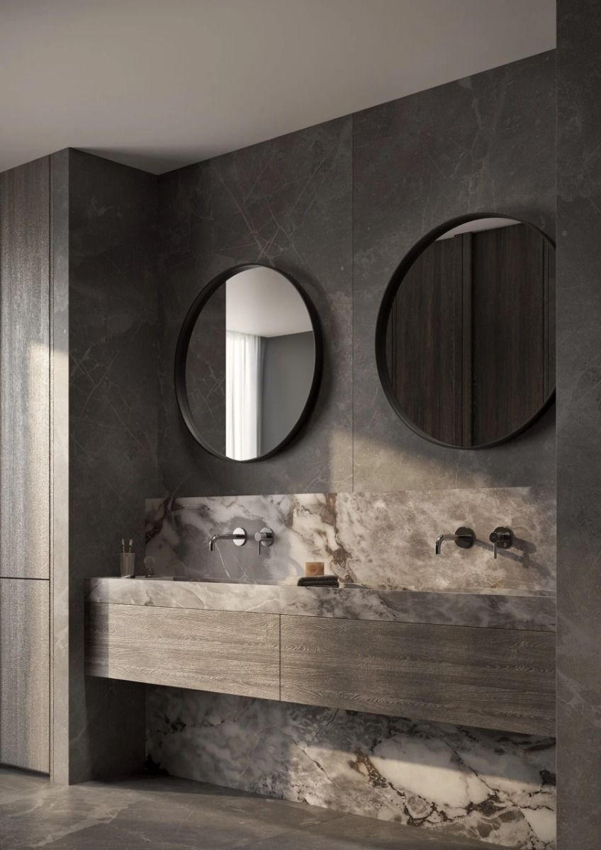 De MIAMI spiegel met modern design en maatwerkopties, beschikbaar in verschillende afmetingen (Ø600 mm, Ø800 mm, Ø1000 mm) en framekleuren zoals mat zwart. Personaliseer de spiegel met LED-verlichting, zandstraalafwerking, Bluetooth-audio, en digitale klo - Hover