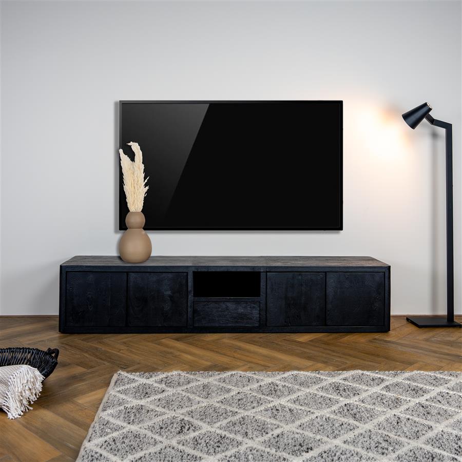 Zwart mangohouten Tenna TV-meubel van 200 cm met push-to-open lades en open vak - Hover