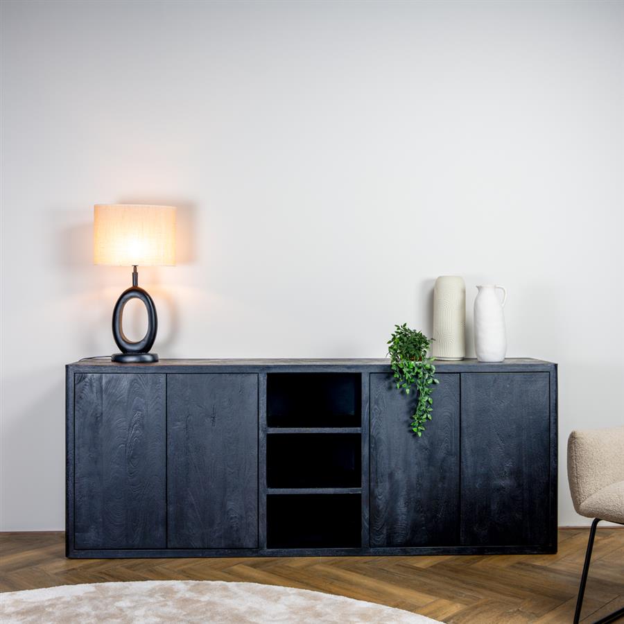 Zwart mangohouten dressoir van 220 cm met greeploze push-to-open deuren, zwart gelakt

 - Hover