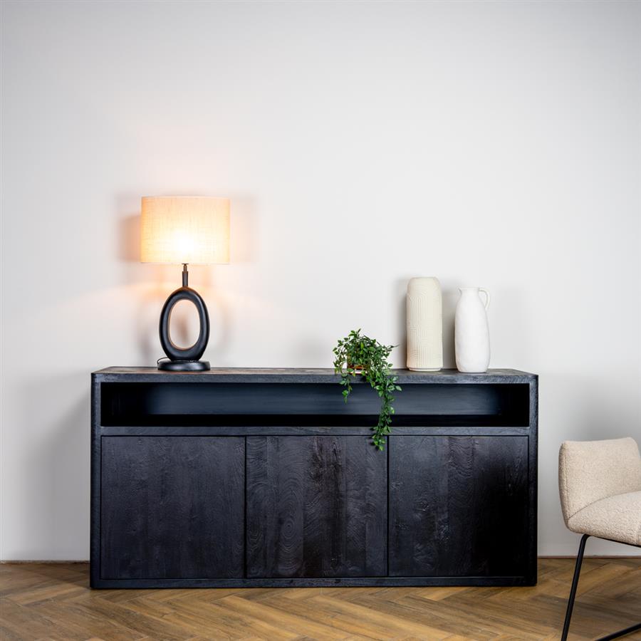 Zwart mangohouten dressoir van 180 cm met push‑to‑open deuren en greeploos design - Hover