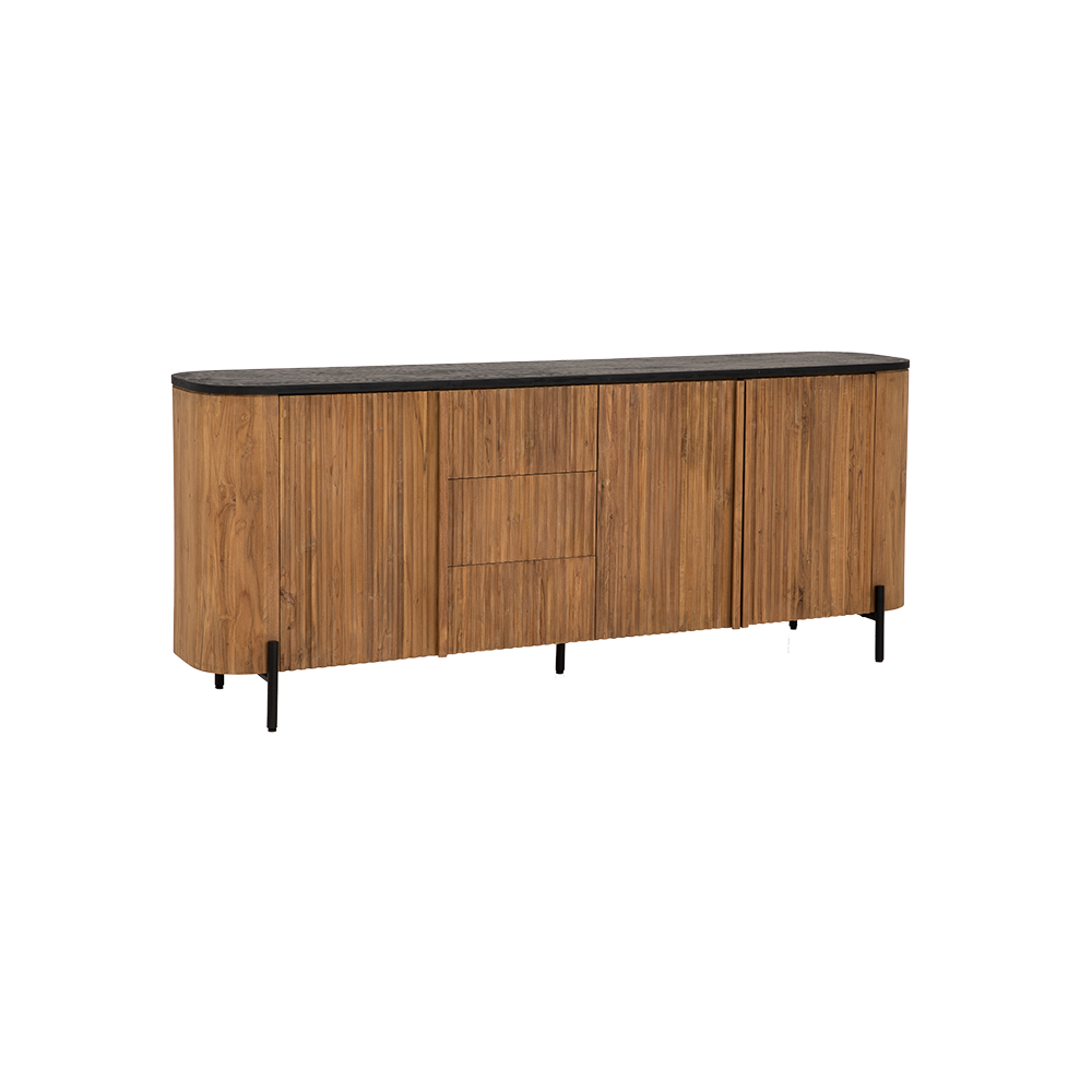 Tower Living Palazzo dressoir van 200 cm, gerecycled teakhout met geribbelde afwerking en betonnen bovenblad - Hover