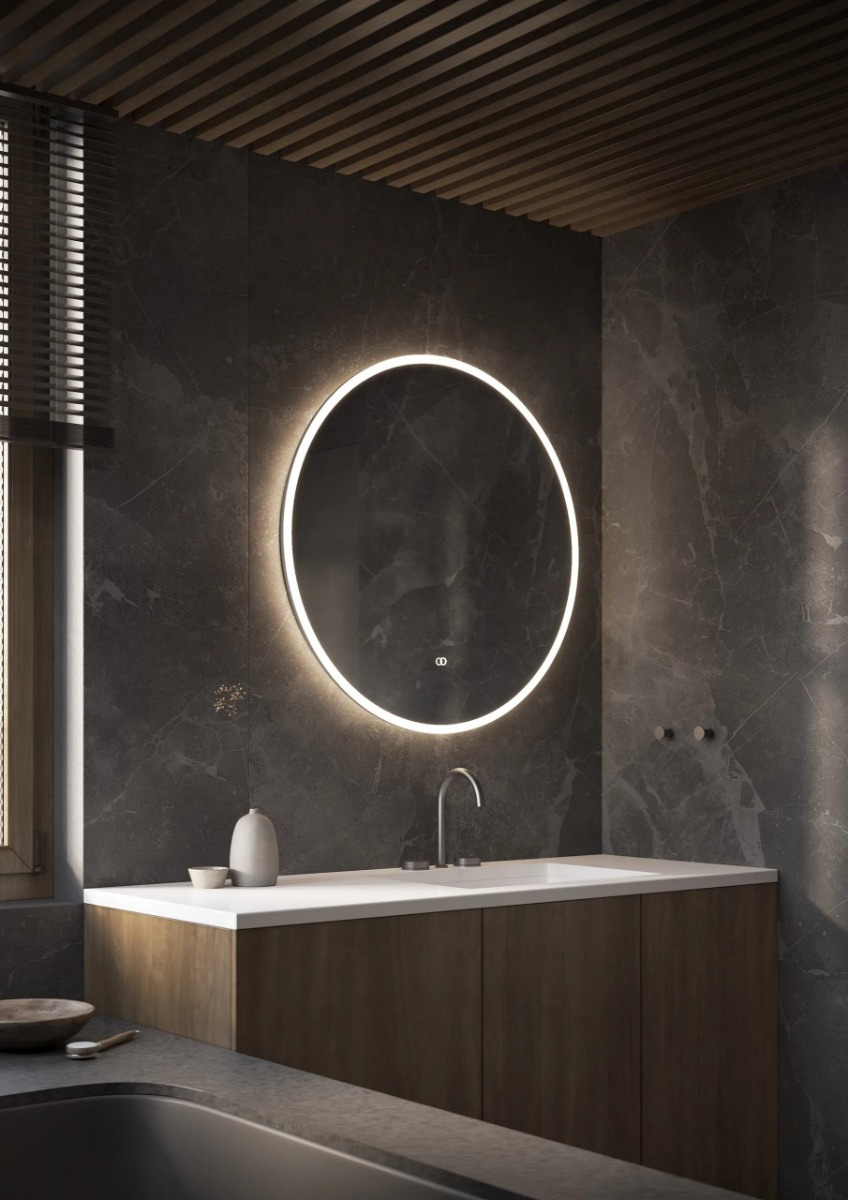 PORTO ronde spiegel met ingebouwde LED-verlichting, touchdimmer en spiegelverwarming – verkrijgbaar in Ø600 mm, Ø800 mm, Ø1000 mm en Ø1200 mm. Modern design voor badkamer en woonkamer, met warm/koud lichtwissel en CE-keurmerk. Nu uit voorraad leverbaar. - Hover