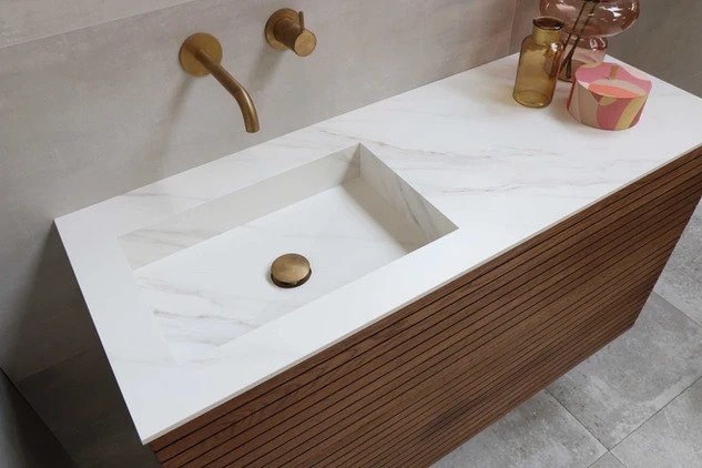 Ink Post Wastafel keramische slab envelop bak midden zonder kraangat - Statuario glans - 1200x450x10 mm (bxdxh) - Hover