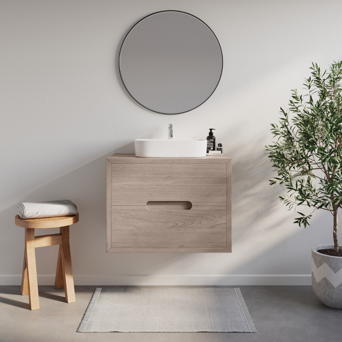 Eikenhouten badmeubel Rondo met minimalistisch design, afgewerkt met hoogwaardige lak of olie voor bescherming tegen vocht, verkrijgbaar in diverse maten en perfect voor maatwerk. - Hover