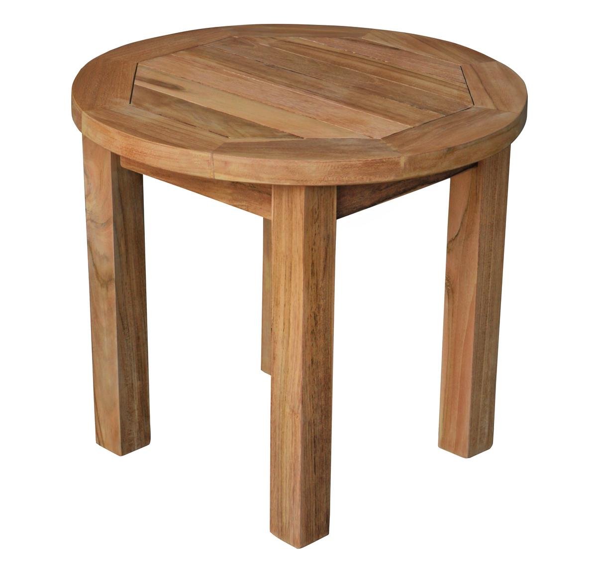 Rond teakhouten tuin bijzettafeltje met een diameter van 50 cm en een hoogte van 45 cm. Dit elegante tafeltje is gemaakt van hoogwaardig teakhout, bekend om zijn duurzaamheid en natuurlijke weerbestendigheid. Het heeft een gladde afwerking met een rijke,  - Hover