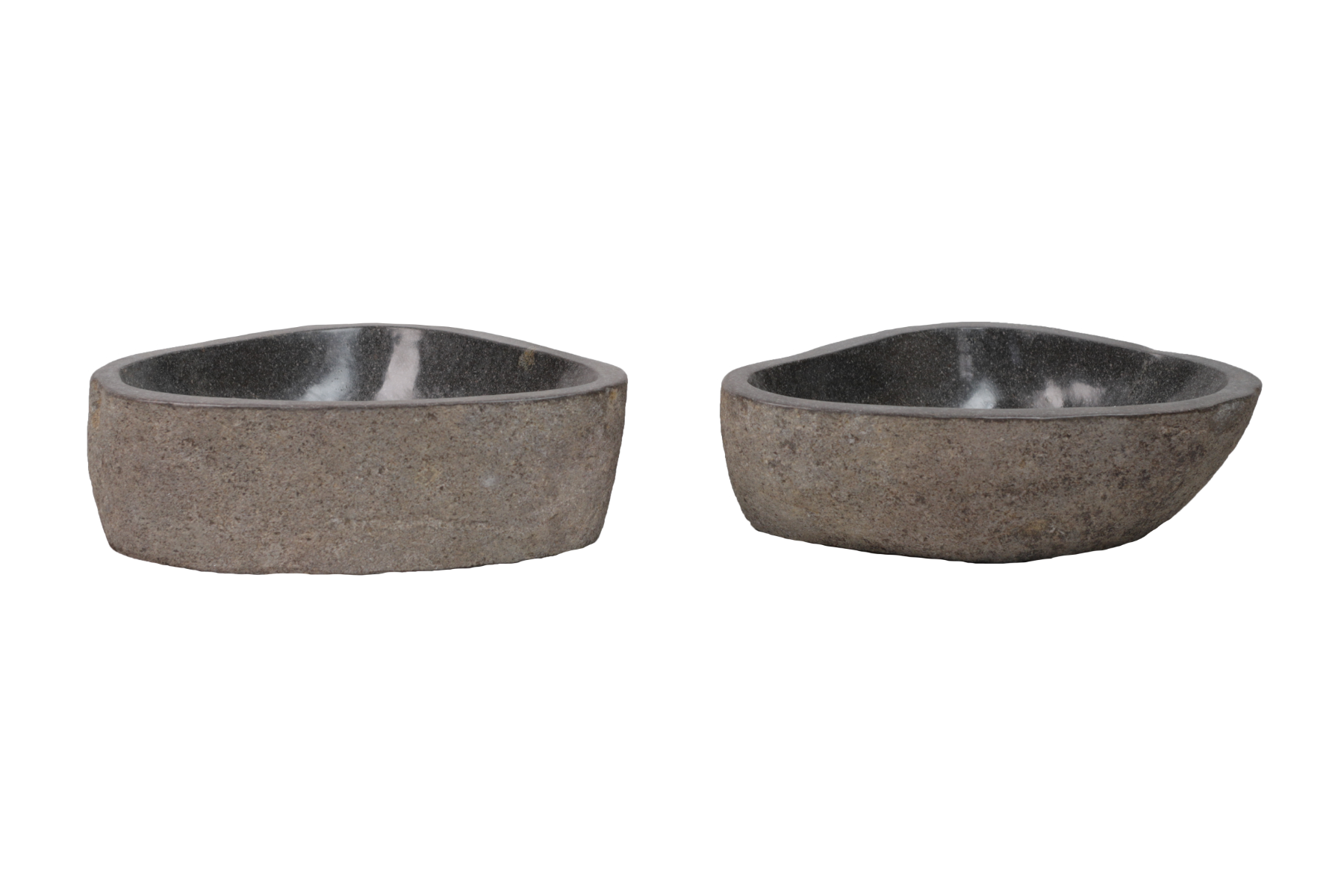 TwinSink natuurstenen waskommen set van 2, gemaakt van riviersteen met gepolijste binnenzijde en natuurlijke buitenzijde, afmetingen 47 x 34 cm en 47,5 x 33,5 cm, ideaal te combineren met massief houten badmeubels. - Hover