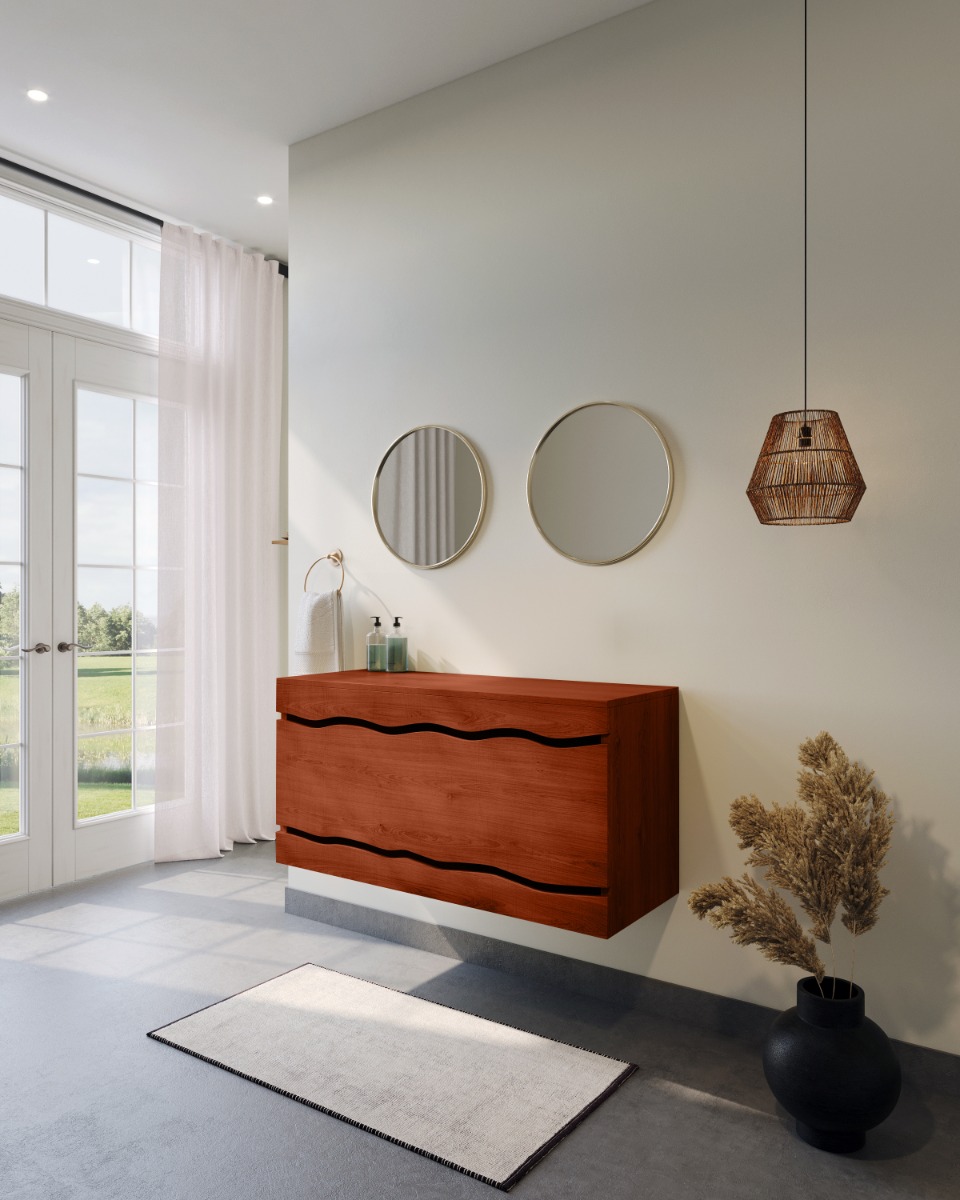 Eiken Houten Badmeubel Silja met Golf Effect, verkrijgbaar in meerdere maten, perfect voor een strakke en moderne badkamer - Hover
