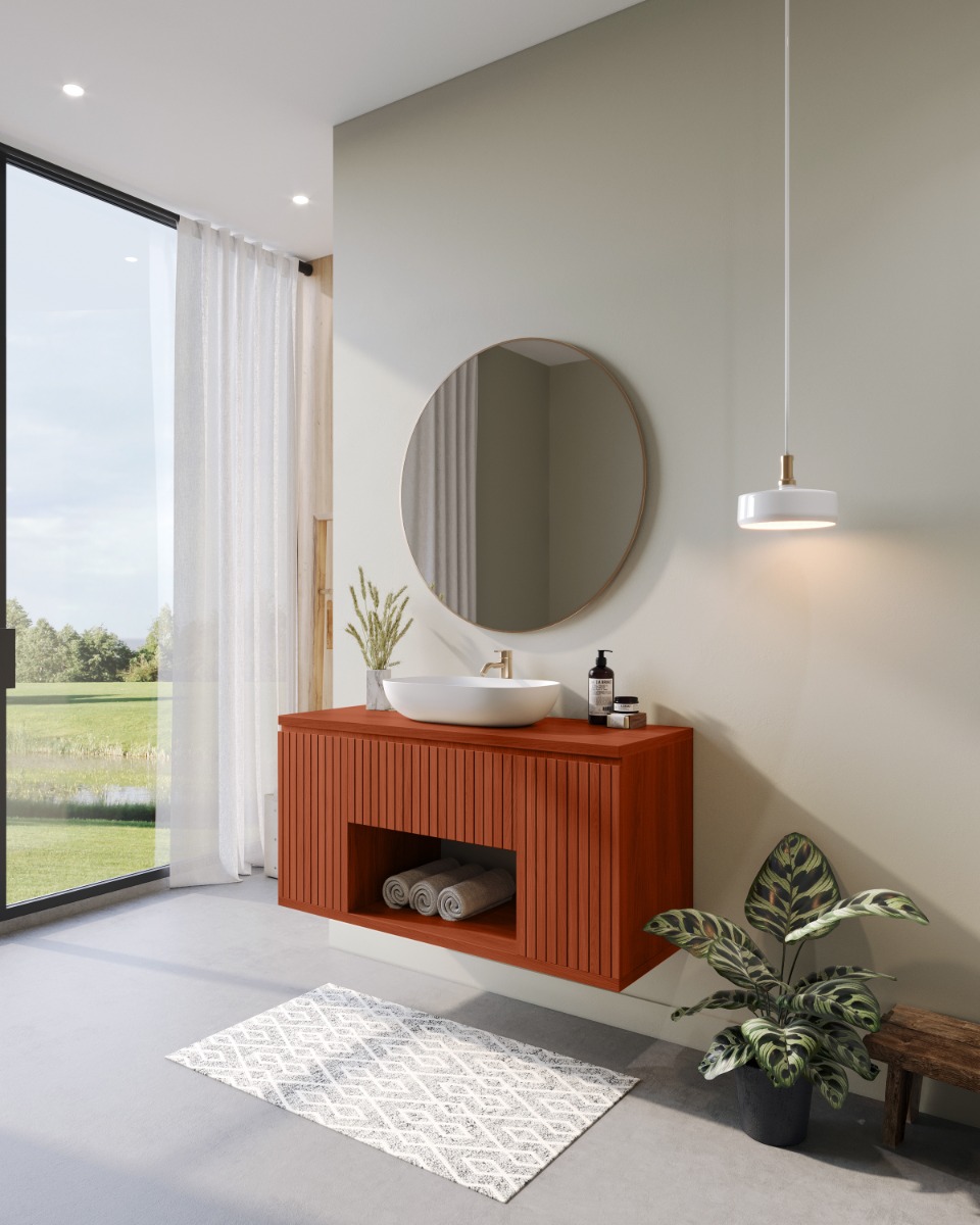 Eikenhouten badmeubel Shadi met moderne verticale lattenfronten, afgewerkt met hoogwaardige lak of olie, verkrijgbaar in verschillende maten en kleuren, ideaal voor maatwerk en vochtige ruimtes. - Hover