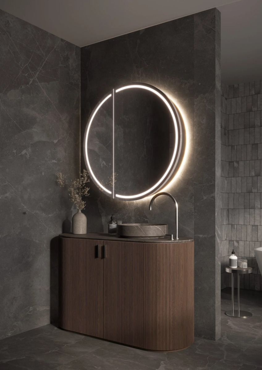 LECH ronde spiegelkast met dimbare LED-verlichting, spiegelverwarming en geïntegreerd stopcontact – stijlvolle en ruimtebesparende badkameroplossing, verkrijgbaar in 600 mm tot 1000 mm. - Hover