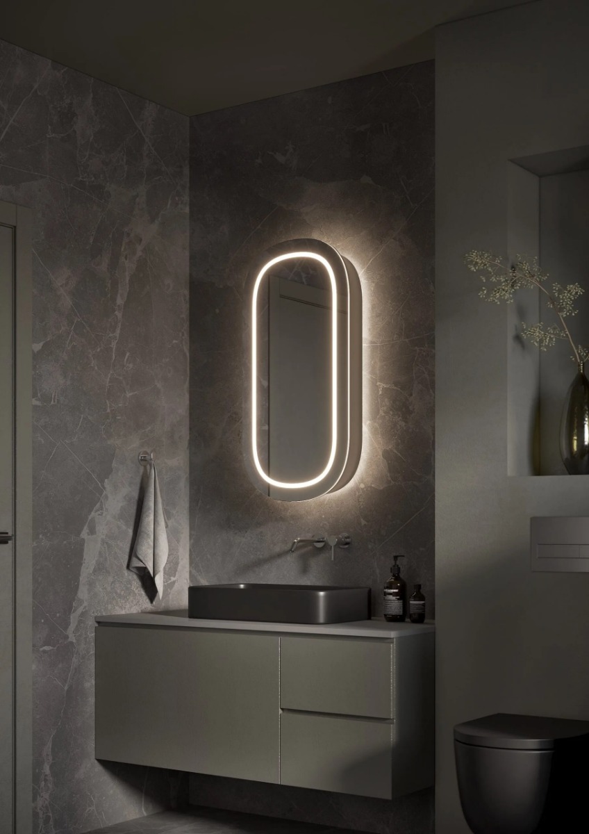 SAALBACH ovale spiegelkast van Martens en Meijer – stijlvolle badkamerkast met geïntegreerde LED-verlichting, dimbare sensor, spiegelverwarming en ruime opbergruimte (450×950 mm, 152 mm diep). Perfecte combinatie van design en functionaliteit voor elke sa - Hover