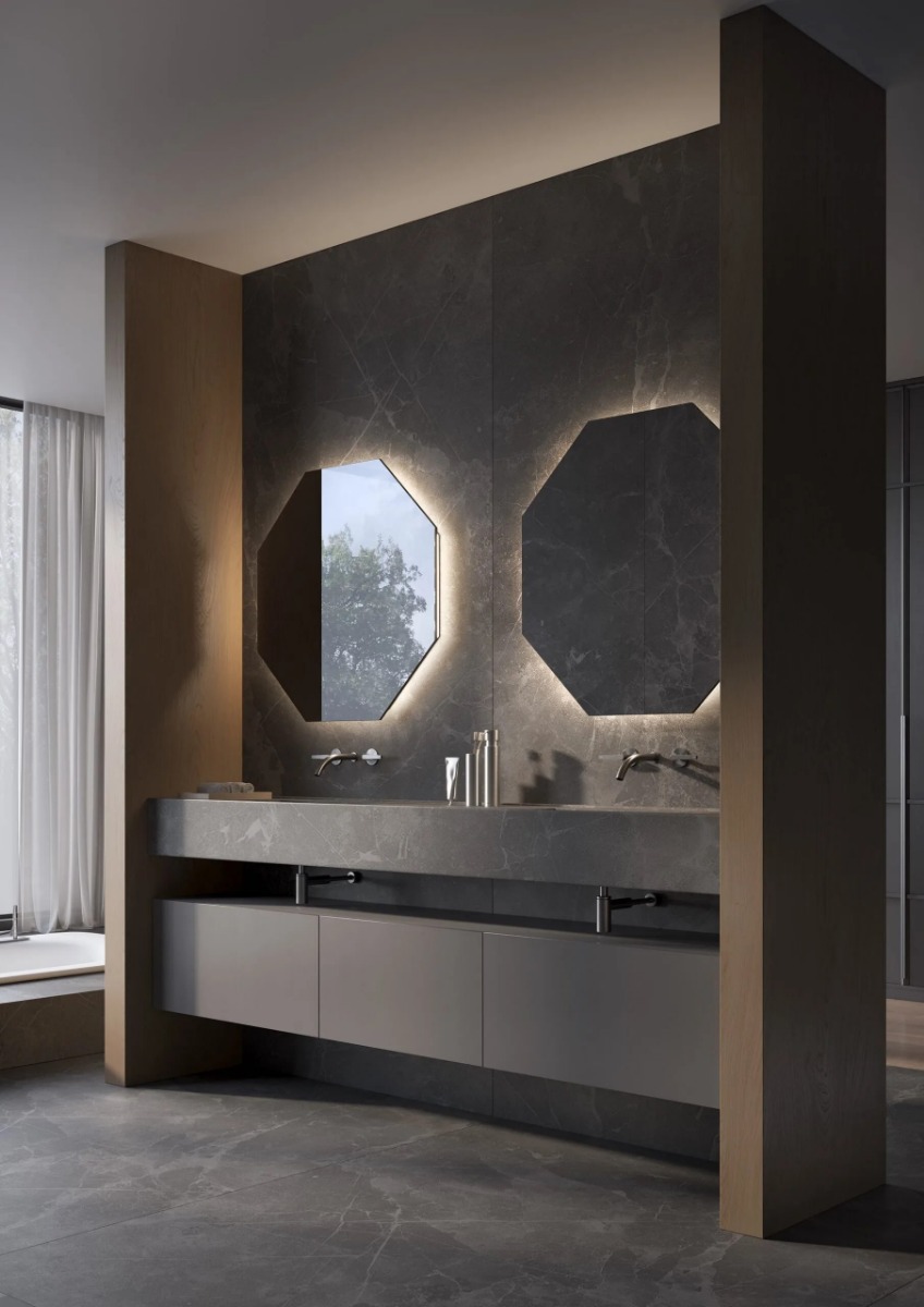 De MARBELLA spiegel met tweedelig ontwerp biedt maatwerkopties voor diverse woonruimtes, van badkamer tot slaapkamer, en combineert stijl en functionaliteit. Beschikbaar in verschillende afmetingen, met dimbare verlichting, Bluetooth-audio en digitale klo - Hover