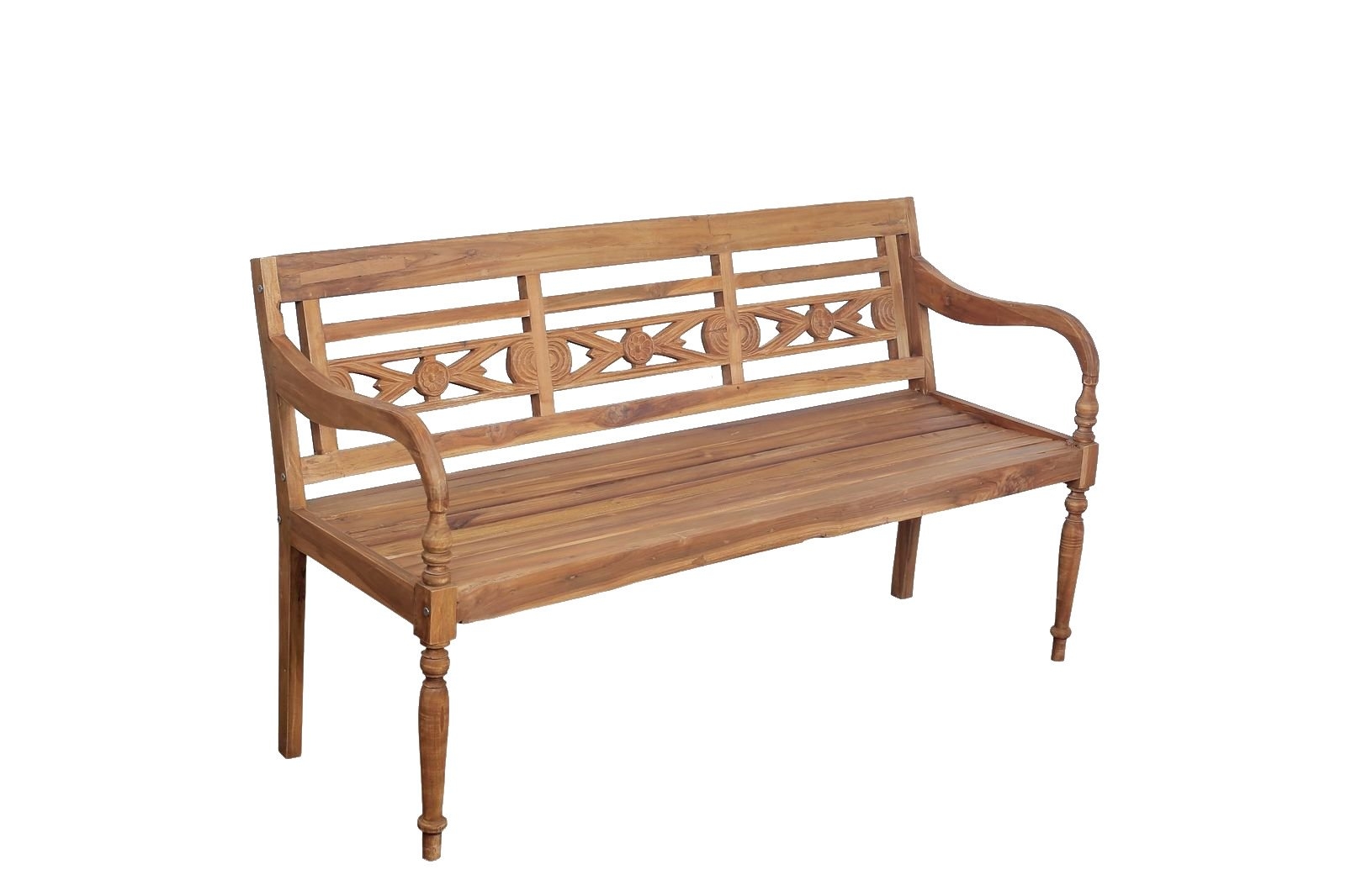 Een robuuste teakhouten stationsbank, 130 cm breed, met een klassiek en tijdloos ontwerp. De bank beschikt over een rechte, comfortabele rugleuning en een stevige zitting. Het rijke, natuurlijke bruin van het teakhout geeft de bank een warme uitstraling.  - Hover