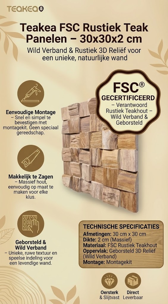 Kwaliteitsnormen Kwaliteitsnormen voor Teakea Teakhouten Wandpaneel 'Mystical Rough' – Gerecycled Teak – 30x30 cm – Geborsteld